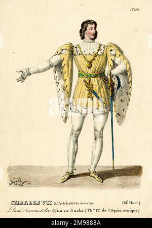 M Huet in der Rolle Karls VII im Akt 2 der Oper Jeanne d'Arc a Orleans von Michele Carafa di Colobrano, in der Oper Comique, Paris. Stockfoto