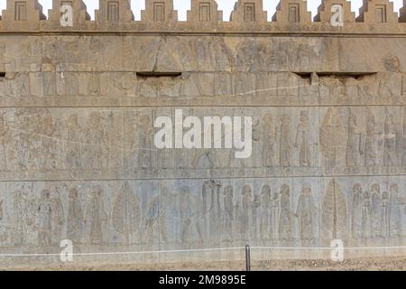 Bas Reliefs im Apadana Palast in der antiken Persepolis, Iran Stockfoto