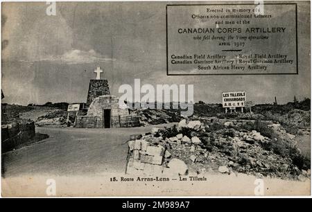 Les Tilleuls Crossroads, Arras-Lens Road, nahe Vimy, Frankreich -- kanadisches Denkmal, errichtet WW1, nach der Schlacht von Vimy Ridge, 9-12. April 1917. Stockfoto