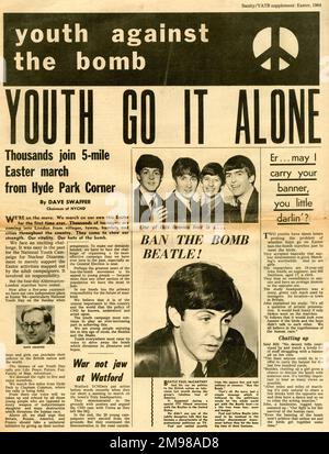 Titelseite, Jugend gegen die Bombe, CND-Zeitung, mit einem Artikel über die Unterstützung von Paul McCartney von der Beatles Popgruppe, Ostern 1964. Stockfoto