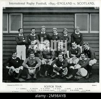 Scottish International Rugby Football Team, 1895, zu der Zeit, als sie gegen England spielten: Campbell, Neilson, M'Ewen, Dods, Scott, Smith, Neilson, M'Millan (Kapitän), Simpson, Cownie, Millar, Waliser, Gibson, Donaldson, Gowans. Stockfoto