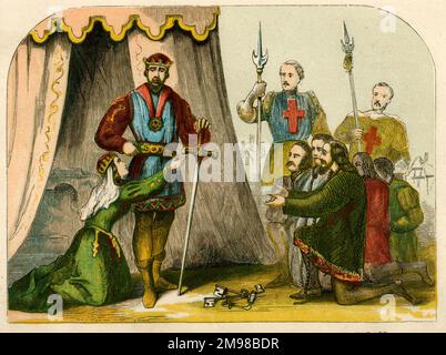 Königin Philippa, die mit ihrem Mann Edward III. Für das Leben der Bürger von Calais eintrat. Stockfoto