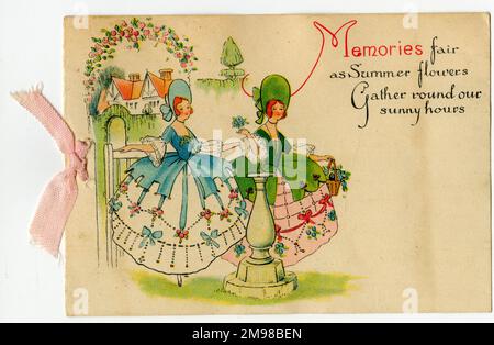 Grußkarte, zwei Damen in einem Sommergarten. Stockfoto