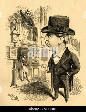 Cartoon, George Conquest -- ich Frage mich, ob ich jemals wieder dort sein werde! George Augustus Oliver Conquest (1837-1901), Dramatiker, Theatermanager, akrobat und Pantomimist, blickt auf die Eagle Tavern, auch bekannt als Grecian Saloon, ein öffentliches Haus und Veranstaltungsort, das 1882 in Gebäude der Heilsarmee umgewandelt wurde. William Booth, Gründer der Heilsarmee, steht in der Tür. Stockfoto