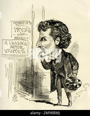 Cartoon, Wilson Barrett (William Henry Barrett; 1846-1904), Schauspieler, Manager und Dramatiker. Ich habe hier gesehen und mich gefragt, ob ich Henry Irvings Abwesenheit in London während seines Besuchs in Amerika ausnutzen sollte. Er sagt: Ich glaube, ich kann seinen Platz einnehmen. Stockfoto