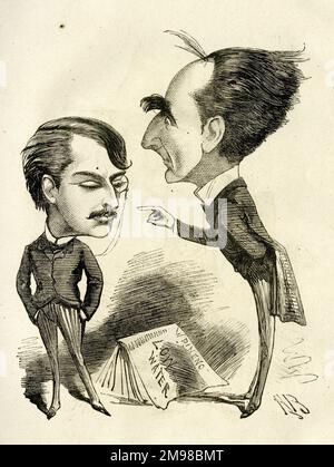 Cartoon, Richard Claude Carton (Richard Claude Critchett, 1856-1928), britischer Schauspieler und Dramatiker, und Sir Arthur Wing Pinero (1855-1934), englischer Schauspieler, Dramatiker und Bühnendirektor. Pineros Stück, Low Water, war derzeit in Produktion im Globe Theatre, Strand, London, mit Carton in einer der Rollen. Pinero sagt: Wie kannst du es wagen, mein Stück zu produzieren, nachdem du es gekauft hast? Stockfoto