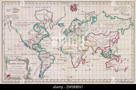 Weltkarte. Religionen werden durch Farbe gekennzeichnet. Nach einem Werk des französischen Kartographen Gilles Robert de Vaugondy aus dem Jahr 1761. Stockfoto