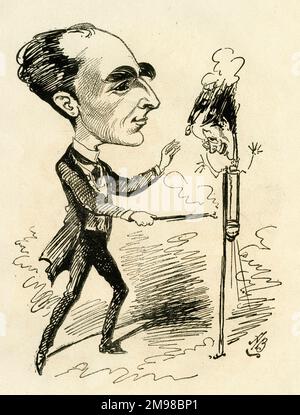 Cartoon, die Gaiety Rocket, mit einer Karikatur von Sir Arthur Wing Pinero (1855-1934), englischer Schauspieler, Dramatiker und Bühnendirektor, dessen Stück, The Rocket, zu dieser Zeit im Gaiety Theatre produziert wurde. Stockfoto