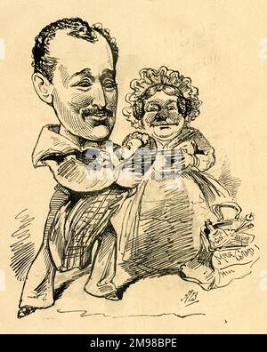 Cartoon, der Matrose und seine Lass - Augustus Harris (1852-1896), britischer Schauspieler, Dramatiker und Impresario, hält seine neugeborene Tochter mit der Hebamme im Hintergrund. Stockfoto