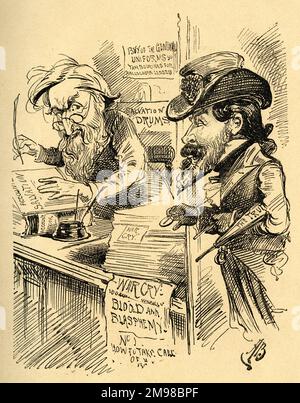 Cartoon, The war Cry (veröffentlicht von General William Booth, Gründer der Heilsarmee) gegen The Truth (veröffentlicht von Henry Labouchere, liberaler Abgeordneter und Eigentümer-Redakteur). Labouchere sagt: Ich hoffe, ich störe nicht, General, aber -- berühre dieses kleine Bargeld! Stockfoto