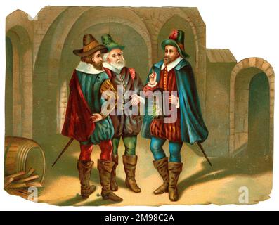 Viktorianischer Schrott - Guy Fawkes und zwei seiner Mitverschwörer im Schießpulver-Plot 1605. Stockfoto