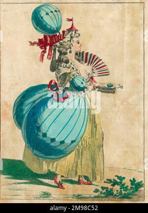 Ein Paar französische Lithografien aus dem späten 18. Jahrhundert, die die "Ballonmanie" widerspiegeln, die in ganz Europa zur Zeit der ersten Ballonaufsteigung herrschte, wobei die modische Dame und der Gentleman aufgeblasene Ballondesigns in ihre Kostüme (Hüte, Kleid, Armschellen usw.) (1/2) einbrachten. Stockfoto