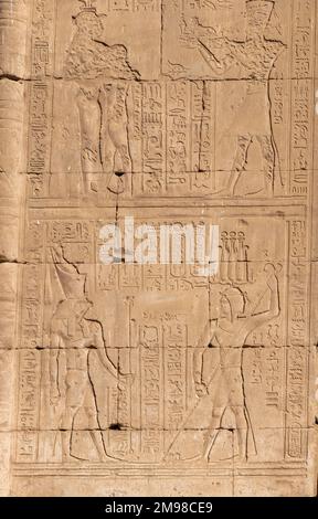 Nahaufnahme der traditionellen ägyptischen Hieroglyphen an der Wand im Horus Edfu Tempel in Assuan, Ägypten Stockfoto