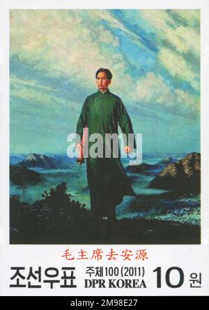 2011 Nordkorea-Stempel. Vorsitzender Mao auf dem Weg nach Anyuan. Ölgemälde 1967 von Liu Chunhua. Stockfoto