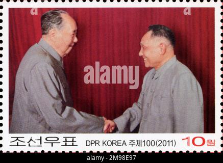 2011 Nordkorea-Stempel. Vertrag über Freundschaft, Zusammenarbeit und gegenseitige Unterstützung mit China zum 50. Jahrestag. Mao Zedong und Deng Xiaoping Stockfoto