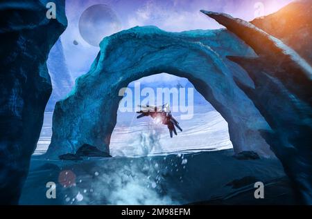 Raumschiff und seltsamer Planet, 3D-Darstellung Stockfoto