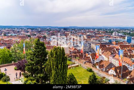 Luftaufnahme von Graz, Steiermark, Österreich vom Schlosshügel Stockfoto