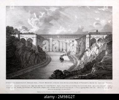 Mr. William Armstrongs Entwurf für eine Kettenbrücke über den Fluss Avon von von St. Vincent's Rock an Leigh Down. Dies war eine alternative Konstruktion für die Clifton-Hängebrücke. Lithographie von R Martin aus einer Zeichnung von W West, Mai 1830 Stockfoto