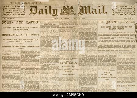 Titelseite der Tageszeitung Daily Mail für den 23. Juni 1897, um Königin Victorias Diamantjubiläum zu würdigen, genannt das goldene Extra, wie es in goldener Tinte gedruckt wurde. Stockfoto