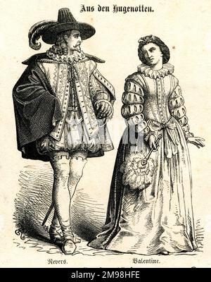 Deutsches Theaterkostüm - die Hugenotten, eine Oper von Meyerbeer in Frankreich im 16. Jahrhundert, erstmals im Jahr 1836 aufgeführt - Le Comte de Nevers, ein katholischer Gentleman, und Valentine, seine geplante Braut, obwohl sie Raoul, einen protestantischen Gentleman, liebt. Stockfoto