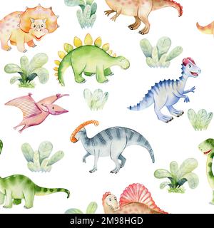 Wasserfarbenes, nahtloses Muster mit süßen Dinosauriern. Handgezeichnete Illustration Stockfoto