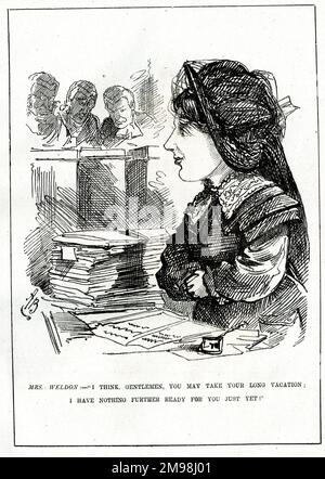 Cartoon, Georgina Weldon, klassische Sängerin, gibt den Anwälten eine Pause für die Sommerferien. Frau Weldon (1837-1914) war häufig in Klagen und Verleumdungsklagen mit anderen involviert, was bisweilen zu ihrer Freiheitsstrafe führte. Stockfoto