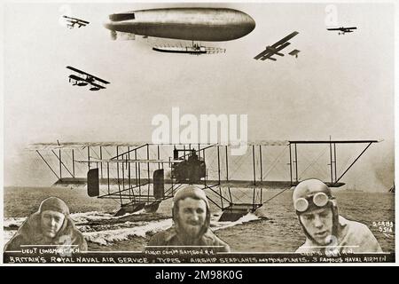 Der britische Royal Naval Air Service, Flugzeuge und Flugzeuge -- Lieutenant Longmore RN, Flugkommandant Samson RN, Lieutenant S Grey RN, mit einem Wasserflugzeug auf dem Wasser hinter ihnen, und einem Luftschiff und anderen Flugzeugen darüber. Stockfoto