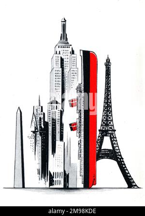 Illustration in den Weltwunder-Schiffen -- Die Länge des Queen Elizabeth Cunard Liners beträgt 1031 Meter, verglichen mit der Höhe des Empire State Building in New York, des Eiffelturms in Paris, Chicagos Handelsamt, Detroits Penobscot Building, des Washington Monument, Philadelphias Rathaus, des Boston Custom House und des Smith Tower in Seattle. Stockfoto