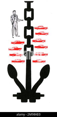 Illustration in den Weltwunder-Schiffen -- Standarddesign des Ankers, verwendet auf den Queen Mary und Queen Elizabeth Cunard Linern. Jeder Anker wiegt 16 Tonnen, was dem Gewicht von zehn durchschnittlich großen modernen Autos entspricht. Jeder Anker ist an einer 990 Fuß (165 Faden) langen Kabelkette befestigt, deren Glieder zwei Fuß lang sind und deren Gesamtgewicht 225 Tonnen beträgt. Stockfoto