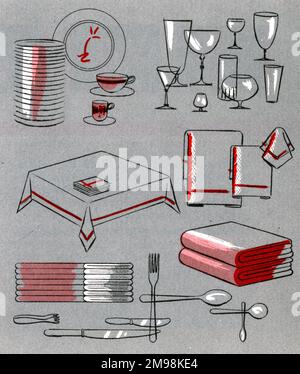 Illustration in den Weltwunderschiffen -- porzellan, Glaswaren, Leinen und Tafelsilber, die an Bord der Queen Mary und Queen Elizabeth Cunard Liner verwendet werden. Stockfoto