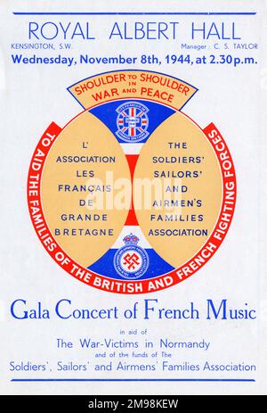 Programmabdeckung: Galakonzert der französischen Musik für die Kriegsopfer in der Normandie und die Gelder der Familien der Soldaten, Seeleute und Flugzeuge, in der Royal Albert Hall, Kensington, SW London, am 8. November 1944 um 2,30pm Uhr. Das Programm umfasste die französischen und britischen Nationalhymnen sowie Stücke von Gounod, Bizet, Saint-Saens, Duparc (Gesangssolistin Maggie Teyte) und Franck, wobei Sir Adrian Boult das Londoner Symphonieorchester (Leiter George Stratton) leitete. Die beiden Pianisten waren Cyril Smith und Phyllis Sellick, und der Organist war Arnold Greir. Stockfoto