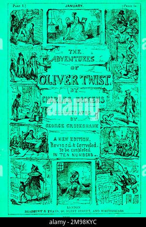 Wrapper Design, erste Monatsausgabe des Romans Oliver Twist von Charles Dickens, mit Illustrationen von George Cruikshank, vom Januar 1846. Stockfoto