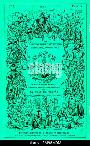 Cover-Design, erste Ausgabe der Serienausgabe des Romans David Copperfield von Charles Dickens, mit Illustrationen von H K Browne, vom Mai 1849. Stockfoto