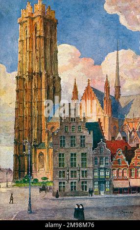 St Rumbold's Cathedral, auf der westlichen Seite des Grand Square, Mechelen (Malines) in der Provinz Antwerpen, Flandern, Belgien. Stockfoto