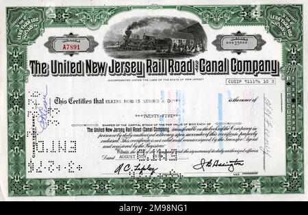 Aktienzertifikat - The United New Jersey Rail Road and Canal Company, 25 Aktien. Stockfoto