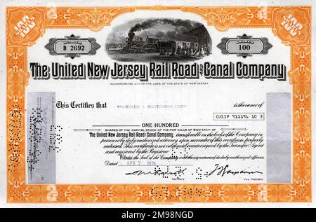 Aktienzertifikat - The United New Jersey Rail Road and Canal Company, 100 Aktien. Stockfoto