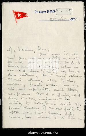 Erste Seite eines Schreibens vom 28. November 1915 von Albert Auerbach von den Royal Fusiliers an seine Schwester Lucy von der RMS Olympic, White Star Line. Das Schiff transportierte Albert und seine Kameraden nach Gallipoli, um bei der Evakuierung zu helfen. Für den Fall, dass der Brief in feindliche Hände gelangt, wurde der Name des Schiffes abgeschnitten und aus dem Briefkopf entfernt. Stockfoto