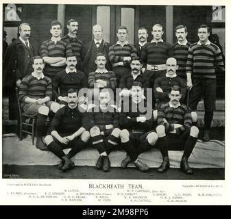 Blackheath Rugby-Team: Latter, Carpmael, Stokes, Lohden, Spurling, Tarbutt, Dixon, Rigby, Finlinson, De Winton, Fegan, Maud, Thomson, Harris, Maturin, Cope, Cattell, Wilson. Stockfoto