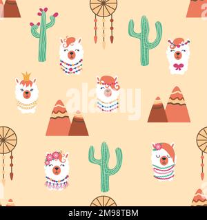 Nahtloses Muster mit Lama- und Alpaka-Gesichtern. Süße Zeichnungen von Lama-Kopf mit Herzen, Inschrift, Bergen, Kakteen, Stern, traumfänger. Handzeichnung für Stock Vektor