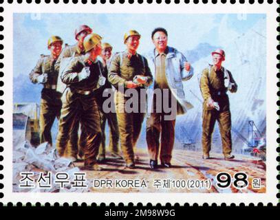 2011 Nordkorea-Stempel. Kim Jong Ils Ernennung zum Oberbefehlshaber der Armee zum 20. Jahrestag. Kim Jong Il und Milizen Stockfoto