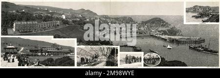 Multiview-Panoramafoto-Postkarte von Ilfracombe, Devon. Sie sehen (links) die Capstone Parade und den Bandstand, das Innere des Victoria Pavilion, einen allgemeinen Blick auf Ilfracombe von Hillsborough und (rechts) Minstrels auf Woolacombe Sands, geduldige Steeds (d. h. Esel, die auf Reiter warten) und einen Blick auf Hillsborough. Stockfoto