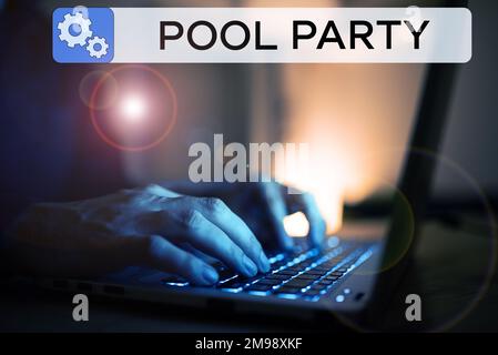 Schild mit Poolparty. Feier der Geschäftsidee, einschließlich Aktivitäten in einem Swimmingpool Stockfoto
