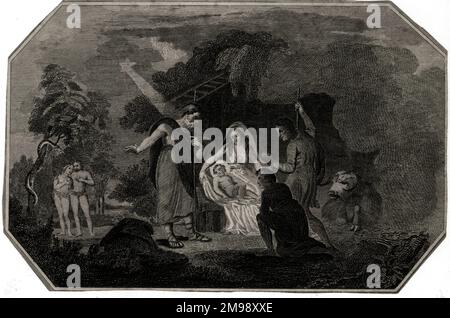 Biblische Geschichten aus dem Alten und Neuen Testament - eine Krippenszene im Zentrum mit Adam und Eva in der Ferne auf der linken Seite. Stockfoto