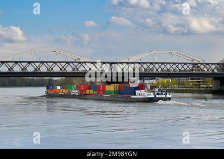 Mannheim, Deutschland - April 2022: Industriekutsche, die Schiffscontainer auf dem Rhein transportiert, der durch die Stadt führt Stockfoto