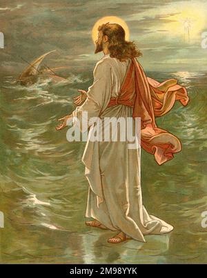 Biblische Geschichten von John Lawson, Jesus geht auf dem Wasser. Stockfoto