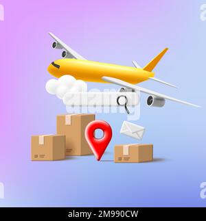 Versand online Tracking 3D Darstellung der Zusammensetzung mit Kartons und gelber Flugfläche, Suchfeld-UI-Element Stock Vektor