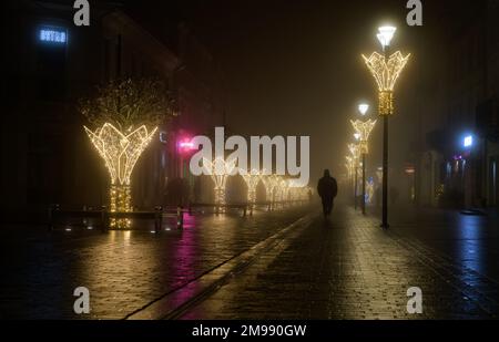 Nachtsicht auf die bunten Straßen der Stadt bei dichtem Nebel und Smog. Wintersaison, Weihnachtszeit mit bunten Lichtern auf den Straßen. Stockfoto