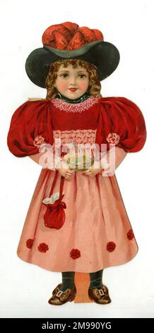 Papierpuppe in rot-pinkfarbenem Kostüm. Stockfoto