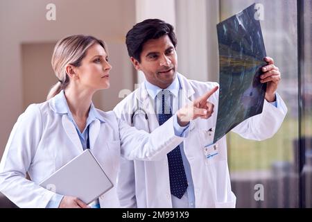 Männliche und weibliche Ärzte tragen weiße Mäntel, stehen im Krankenhauskorridor und schauen auf CT oder MRT-Scan Stockfoto