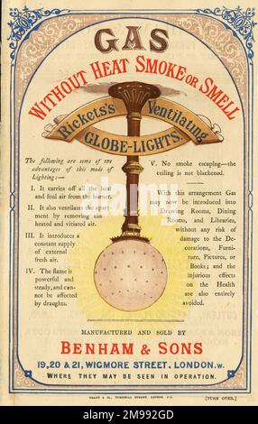 Werbespot, Benham & Sons, Wigmore Street, London – Rickets's Ventiating Globe Lights (Gas). Stockfoto